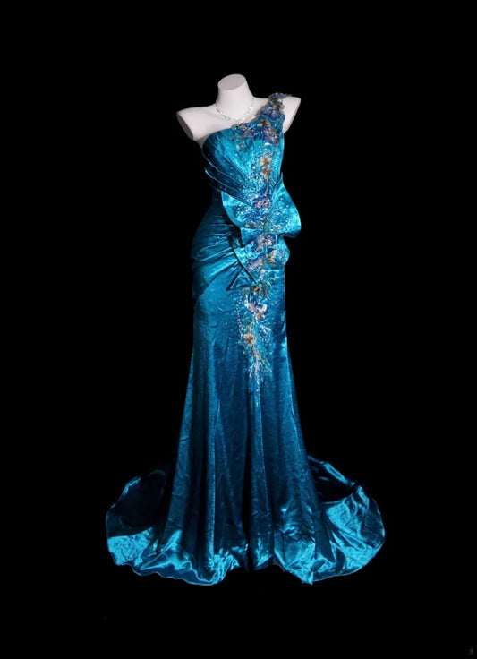Meerjungfrau-Abendkleid, schulterfrei, blau, Satin, dezent, bodenlang, formelles Partykleid, RB9811