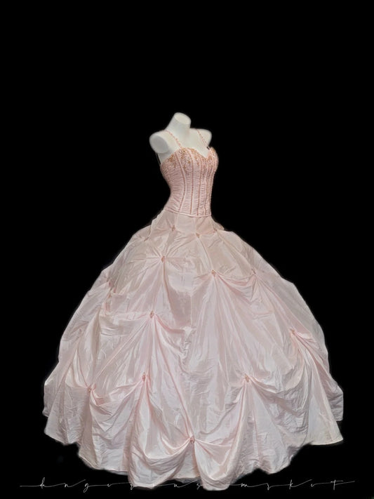 Prinzessinnen Ballkleid Spaghettiträger Blush Pink mit Perlen Sweet 16 Kleider Quinceanera Kleid RB3344