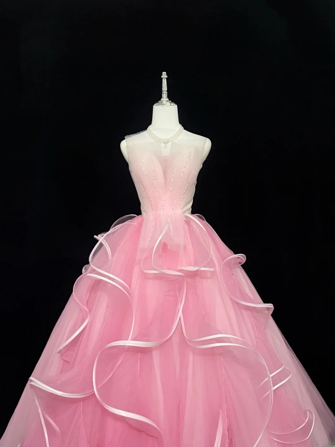 Princess Prom Dresses Ball Gown Strapless Pink Tulle Sweet 16 Evening Long Formal Dress RB7375