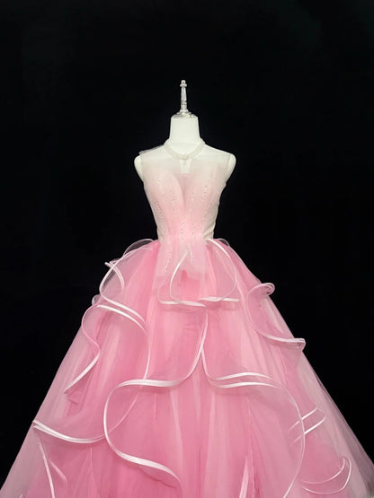 Princess Prom Dresses Ball Gown Strapless Pink Tulle Sweet 16 Evening Long Formal Dress RB7375
