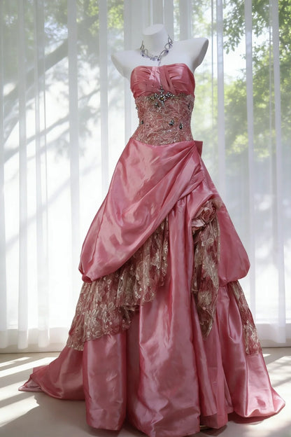 Robe de bal vintage bustier en taffetas rose, inspiration pour une longue soirée ou un anniversaire (20 ans) AB2345
