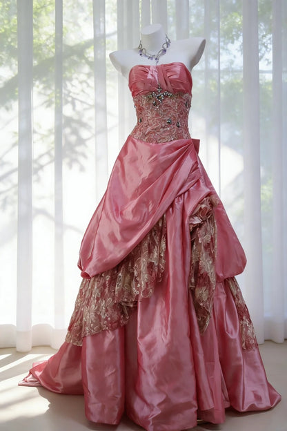 Robe de bal vintage bustier en taffetas rose, inspiration pour une longue soirée ou un anniversaire (20 ans) AB2345