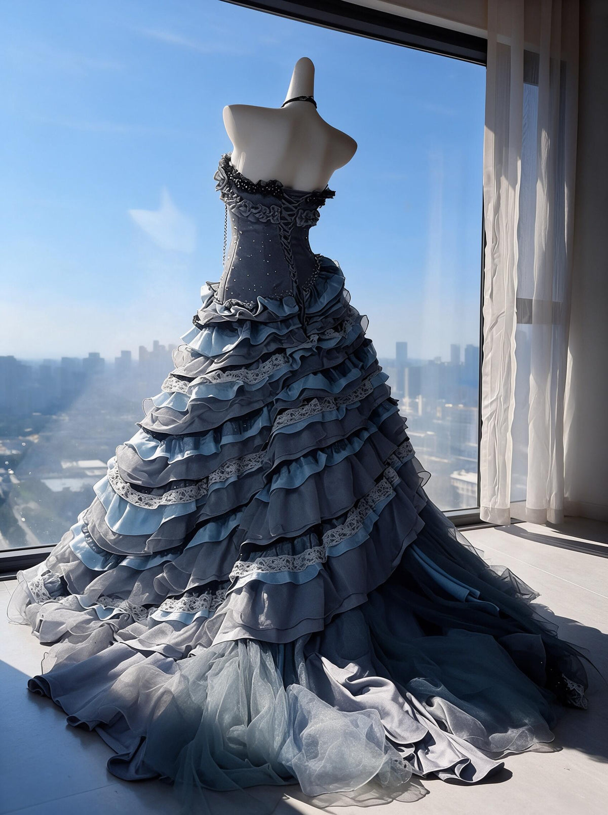 Fairy Quinceanera Dress Ball Gown Strapless Blue Grey With Beading Tiered 16th Birthday Party Outfit RC0961