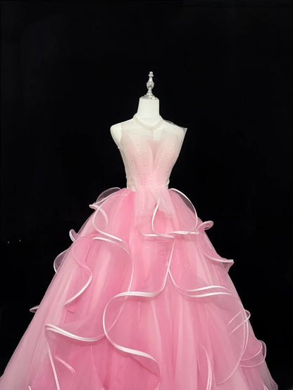 Princess Prom Dresses Ball Gown Strapless Pink Tulle Sweet 16 Evening Long Formal Dress RB7375