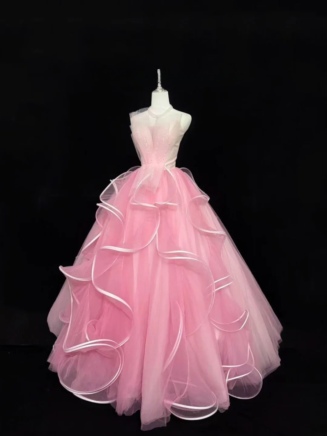 Princess Prom Dresses Ball Gown Strapless Pink Tulle Sweet 16 Evening Long Formal Dress RB7375
