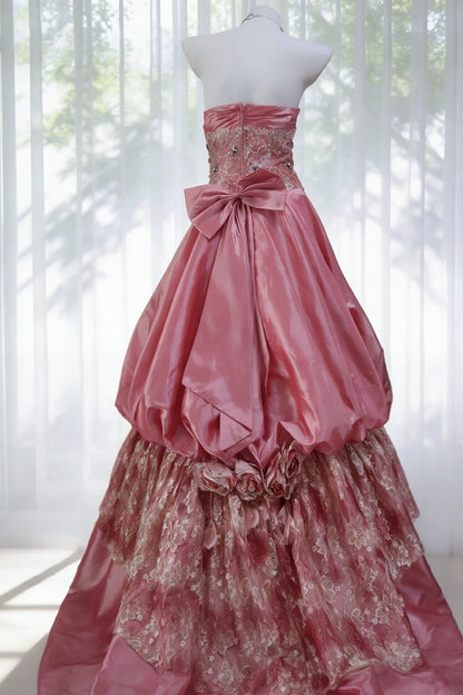 Robe de bal vintage bustier en taffetas rose, inspiration pour une longue soirée ou un anniversaire (20 ans) AB2345