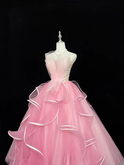 Princess Prom Dresses Ball Gown Strapless Pink Tulle Sweet 16 Evening Long Formal Dress RB7375