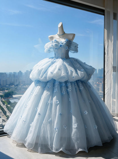 Fairy Quinceanera Dress Ball Gown Off The Shoulder Light Sky Blue Tulle With Flowers Tiered 16th Birthday Party Outfit RC0962