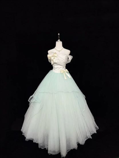 Princess Prom Dresses Ball Gown Off The Shoulder Mint Green Tulle Evening Long Formal Dress RB7376