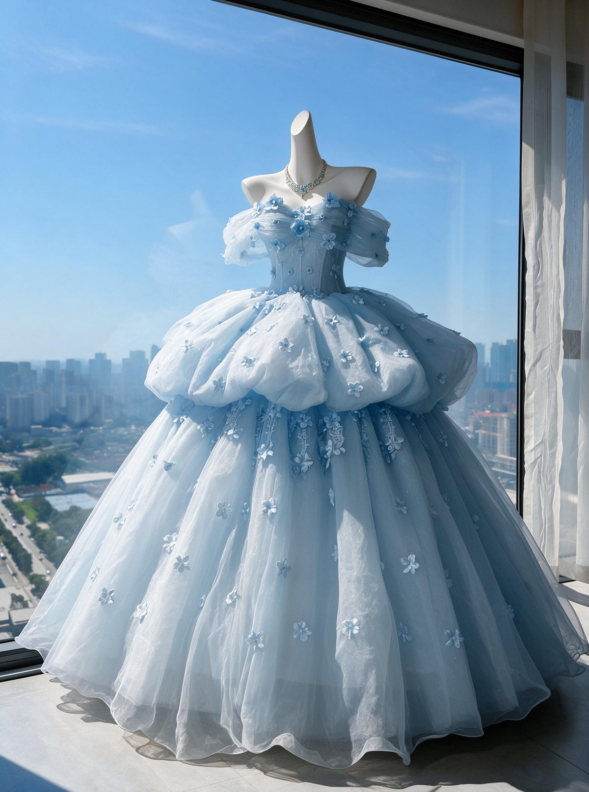 Fairy Quinceanera Dress Ball Gown Off The Shoulder Light Sky Blue Tulle With Flowers Tiered 16th Birthday Party Outfit RC0962