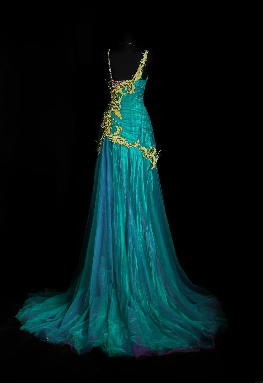 Vintage Prom Dresses 90s Mermaid Asymmetrical Straps Blue Tulle Long With Beading Evening Formal Outfits RB5815