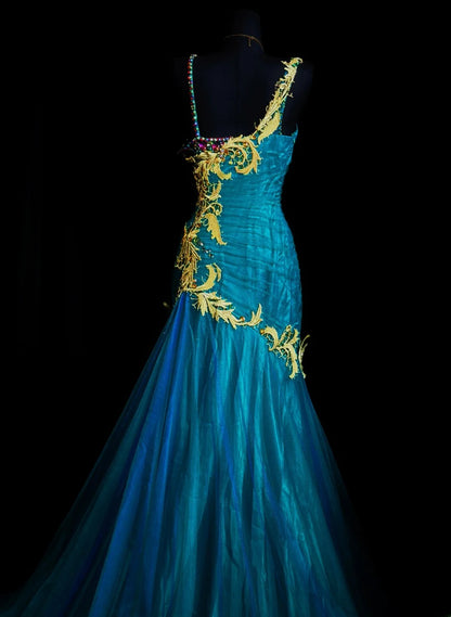 Vintage Prom Dresses 90s Mermaid Asymmetrical Straps Blue Tulle Long With Beading Evening Formal Outfits RB5815