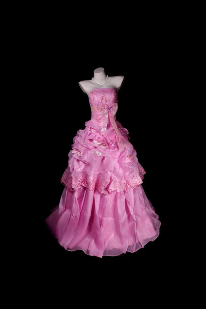 Sweet 16 Dress Ball Gown Strapless Pink With Lace Tiered Sweet Sixteen Dress RB9812