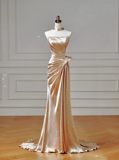 Elegantes, trägerloses Meerjungfrauen-Abendkleid in Gold mit Perlenstickerei – ein beeindruckendes, langes Abendkleid für Teenager und Schülerinnen (AQ003)