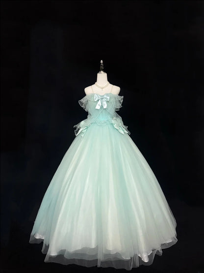 Princess Prom Dresses Ball Gown Off The Shoulder Straps Mint Green Tulle Evening Long Formal Dress RB7377