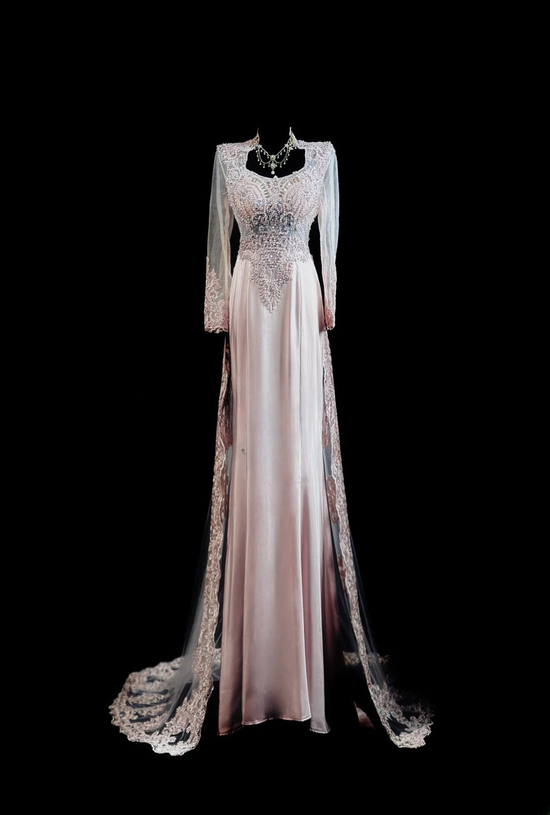 Vintage Prom Dresses 90s A line Pink Chiffon With Long Sleeves Beading Evening Formal Outfits RB5816