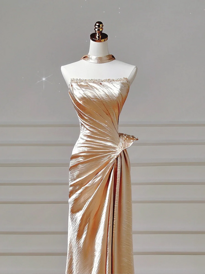Elegantes, trägerloses Meerjungfrauen-Abendkleid in Gold mit Perlenstickerei – ein beeindruckendes, langes Abendkleid für Teenager und Schülerinnen (AQ003)