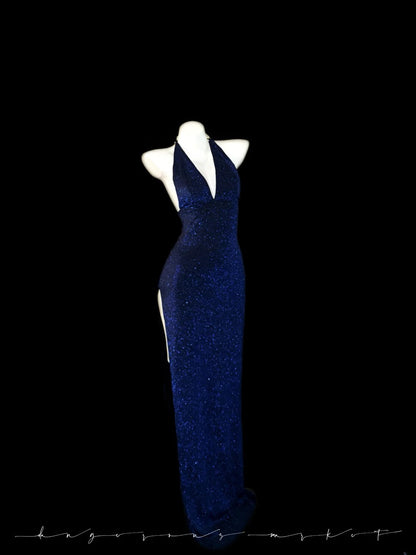Glitter Prom Dresses Mermaid Halter Royal Blue Sequin Long Evening Formal Dress RB3346