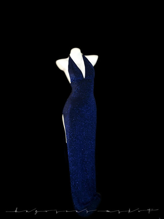 Glitter Prom Dresses Mermaid Halter Royal Blue Sequin Long Evening Formal Dress RB3346