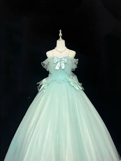 Princess Prom Dresses Ball Gown Off The Shoulder Straps Mint Green Tulle Evening Long Formal Dress RB7377