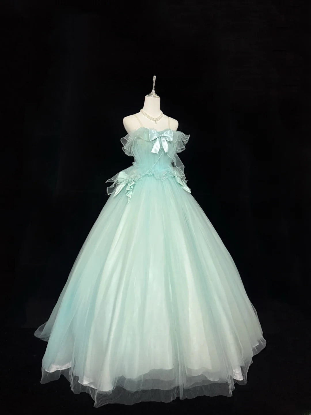 Princess Prom Dresses Ball Gown Off The Shoulder Straps Mint Green Tulle Evening Long Formal Dress RB7377