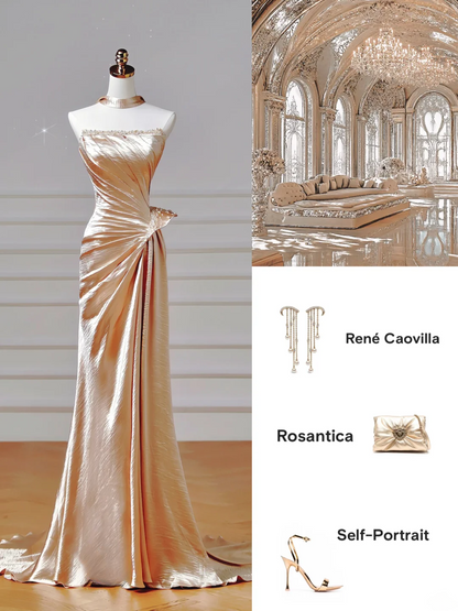Elegantes, trägerloses Meerjungfrauen-Abendkleid in Gold mit Perlenstickerei – ein beeindruckendes, langes Abendkleid für Teenager und Schülerinnen (AQ003)