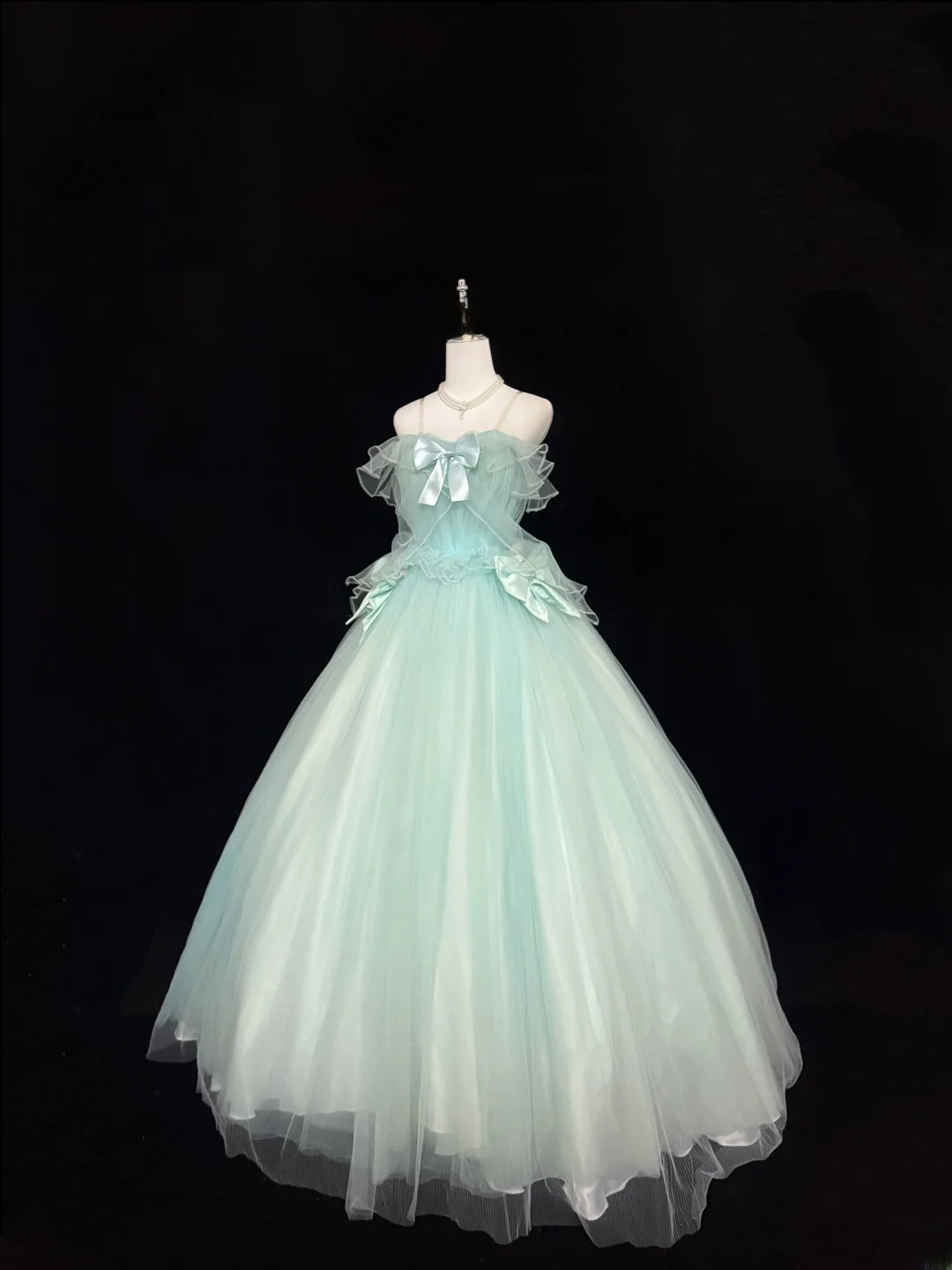 Princess Prom Dresses Ball Gown Off The Shoulder Straps Mint Green Tulle Evening Long Formal Dress RB7377