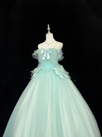 Princess Prom Dresses Ball Gown Off The Shoulder Straps Mint Green Tulle Evening Long Formal Dress RB7377