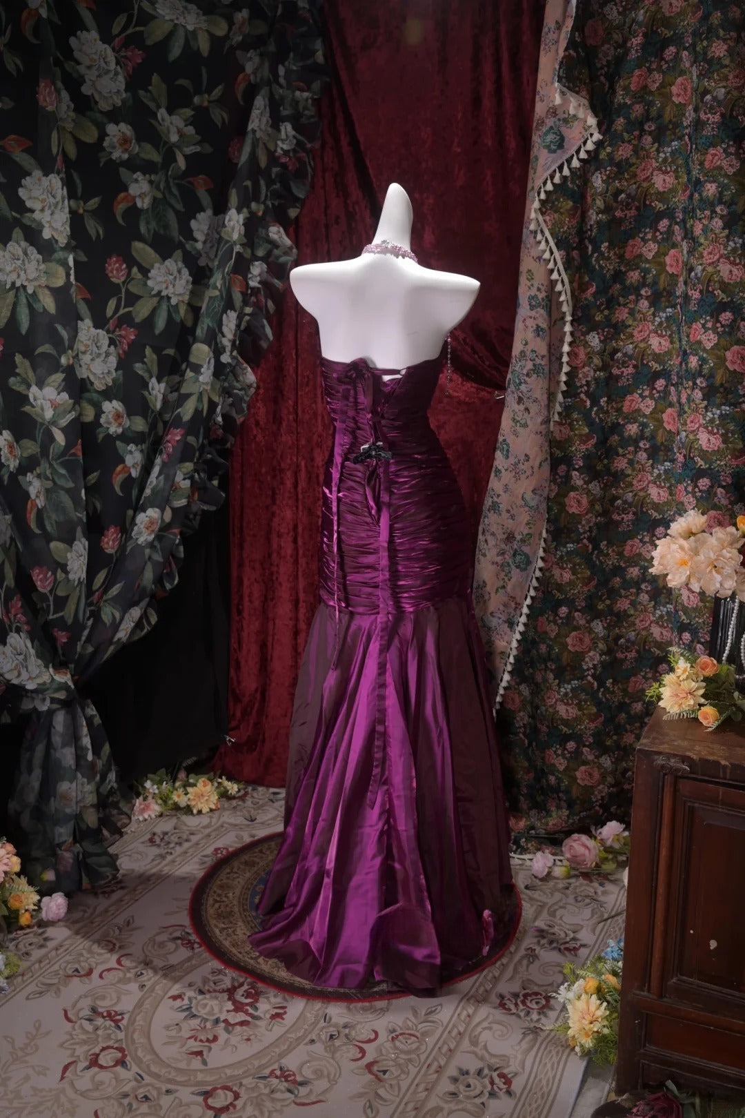 Elegant Mermaid Strapless Grape With Ruffled Folded Long Prom Dresses Formal Outfit Evening Night Dress RB8032