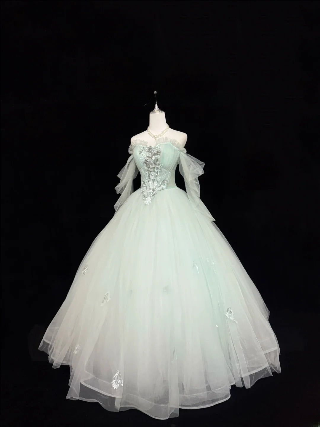 Princess Prom Dresses Ball Gown Off The Shoulder With Sleeves Mint Green Tulle Evening Long Formal Dress RB7378