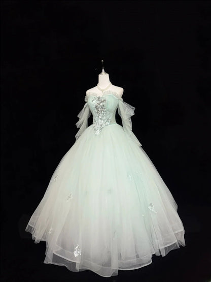 Princess Prom Dresses Ball Gown Off The Shoulder With Sleeves Mint Green Tulle Evening Long Formal Dress RB7378