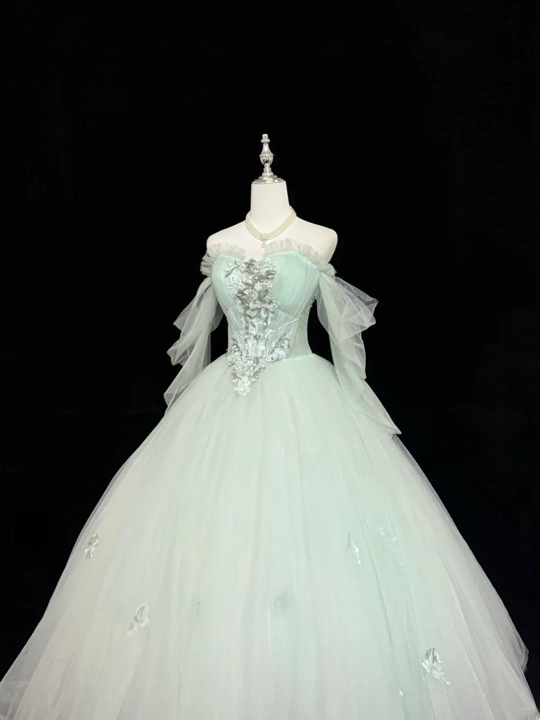 Princess Prom Dresses Ball Gown Off The Shoulder With Sleeves Mint Green Tulle Evening Long Formal Dress RB7378