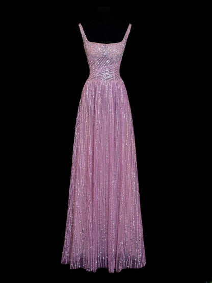 Preiswertes, paillettenbesetztes, formelles A-Linien-Kleid im Stil der 1950er Jahre mit eckigem Ausschnitt, rosa Falten und Perlenbesatz – ein beeindruckendes langes Ballkleid oder Abendkleid für festliche Anlässe (SA004).