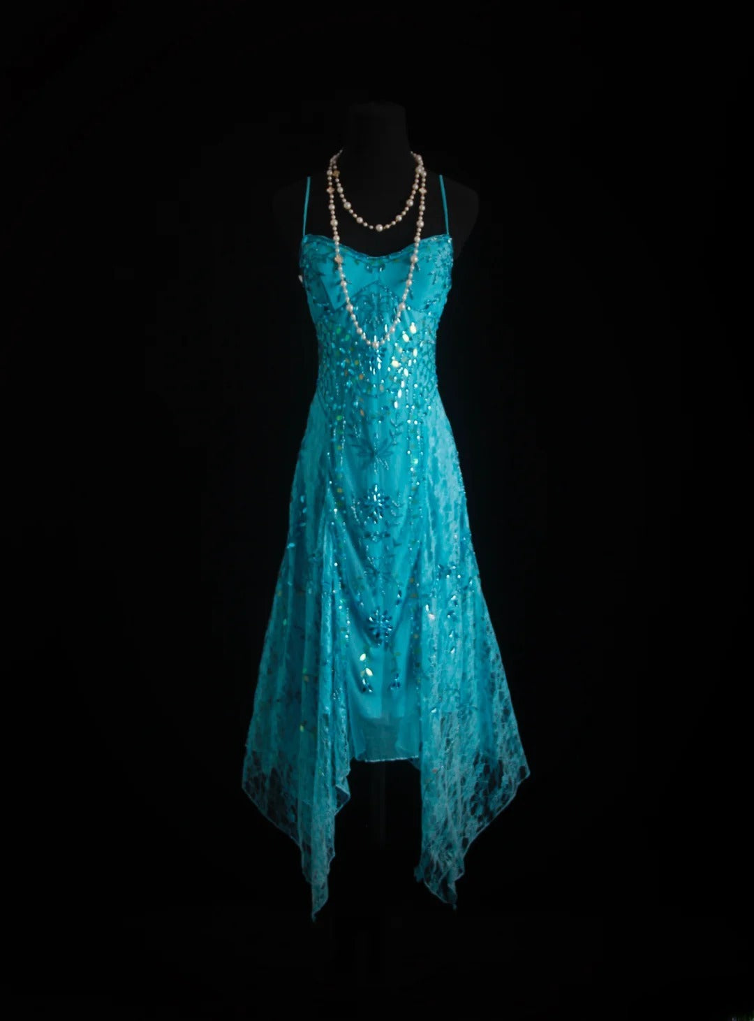 Robe de soirée sirène unique à fines bretelles bleues style années 90 ornée de perles, longueur thé, idéale pour les fêtes, les bals de fin d'année ou les 20 ans (AS004)