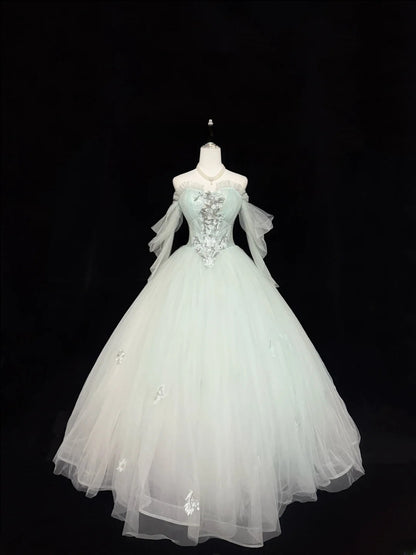 Princess Prom Dresses Ball Gown Off The Shoulder With Sleeves Mint Green Tulle Evening Long Formal Dress RB7378