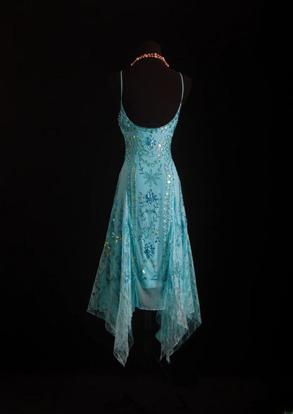 Robe de soirée sirène unique à fines bretelles bleues style années 90 ornée de perles, longueur thé, idéale pour les fêtes, les bals de fin d'année ou les 20 ans (AS004)