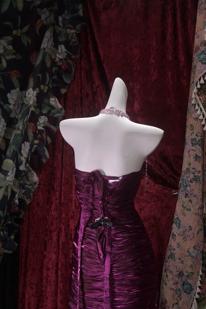 Elegant Mermaid Strapless Grape With Ruffled Folded Long Prom Dresses Formal Outfit Evening Night Dress RB8032