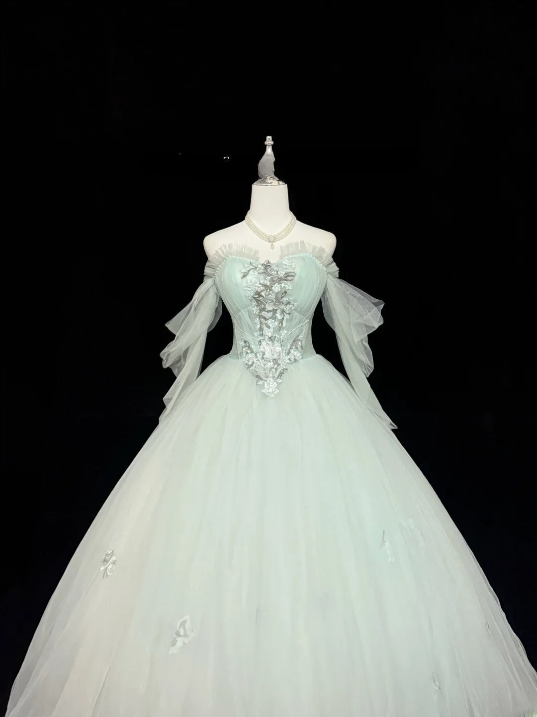 Princess Prom Dresses Ball Gown Off The Shoulder With Sleeves Mint Green Tulle Evening Long Formal Dress RB7378