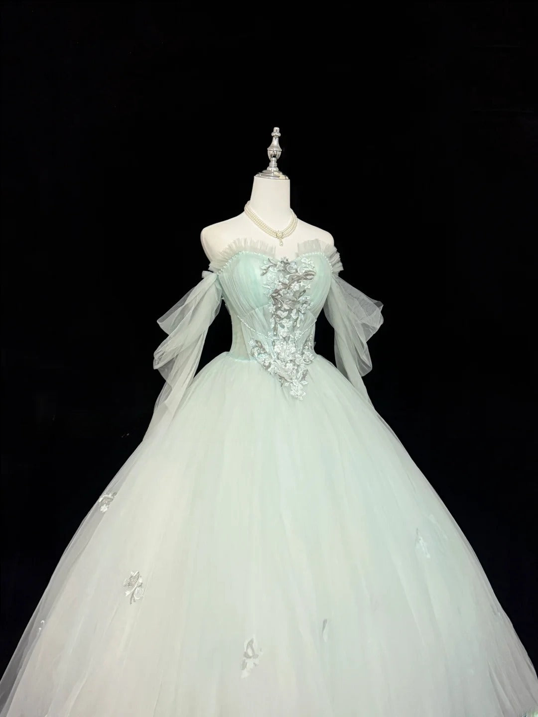 Princess Prom Dresses Ball Gown Off The Shoulder With Sleeves Mint Green Tulle Evening Long Formal Dress RB7378