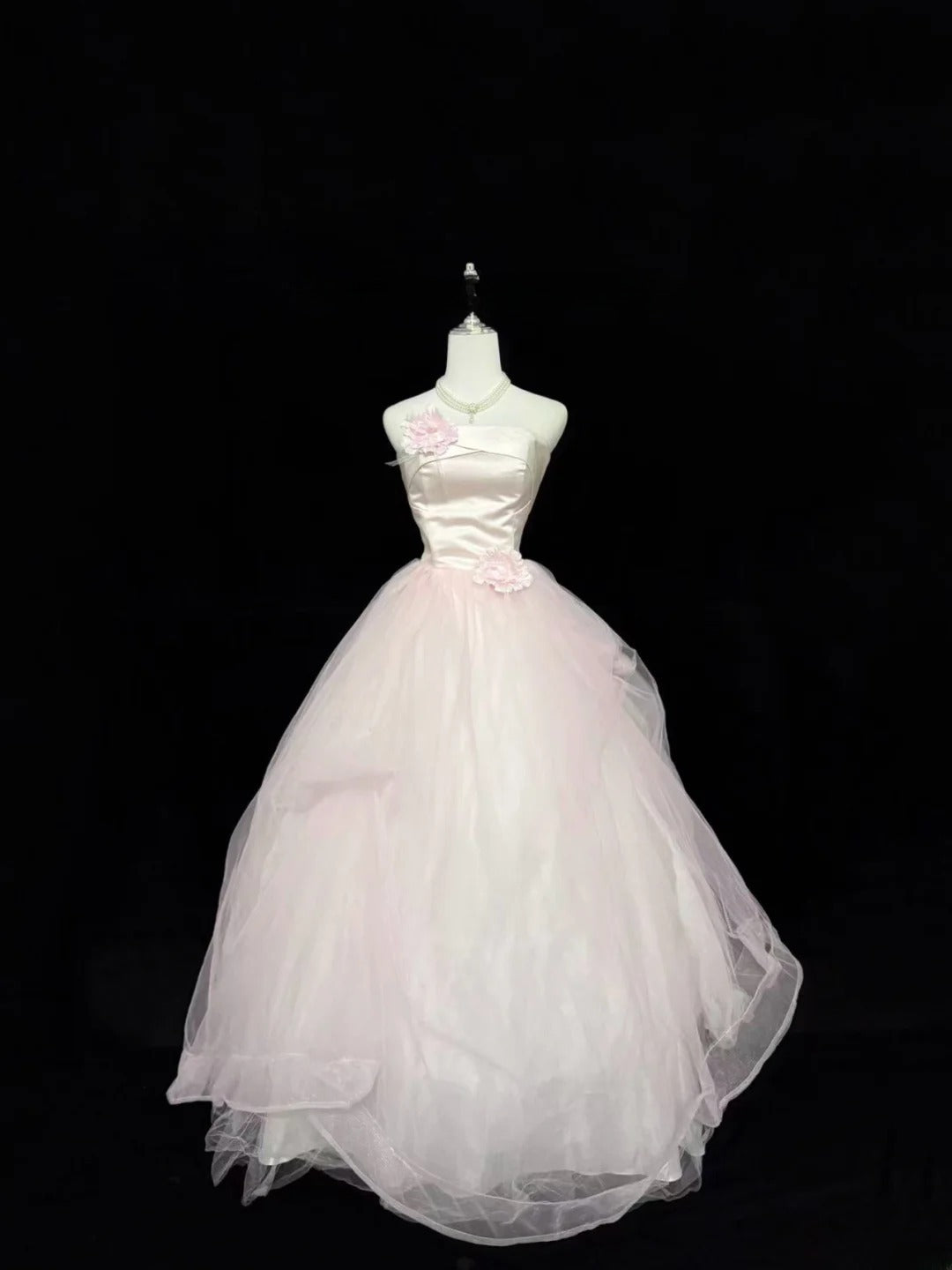 Princess Prom Dresses Ball Gown Pink Strapless Sleeveless Floor Length Tulle Evening Long Formal Dress RB7379