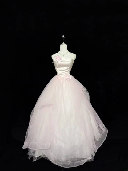 Princess Prom Dresses Ball Gown Pink Strapless Sleeveless Floor Length Tulle Evening Long Formal Dress RB7379