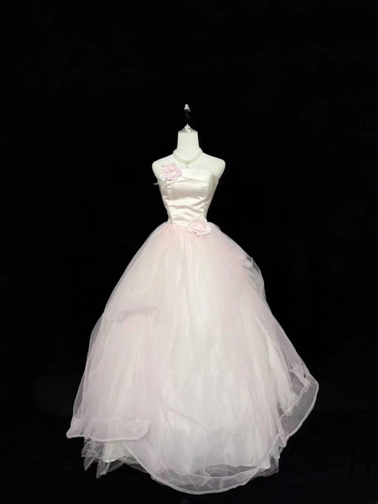Princess Prom Dresses Ball Gown Pink Strapless Sleeveless Floor Length Tulle Evening Long Formal Dress RB7379
