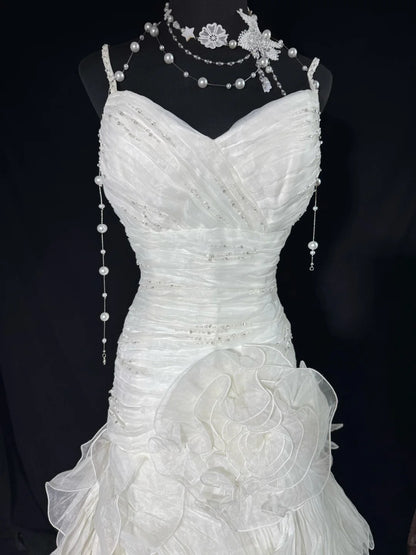 Bezauberndes, ärmelloses Meerjungfrauen-Brautkleid mit Spaghettiträgern, weißem Tüll, Falten und Perlen, langes Vintage-Kleid im Stil der 1920er Jahre AS005
