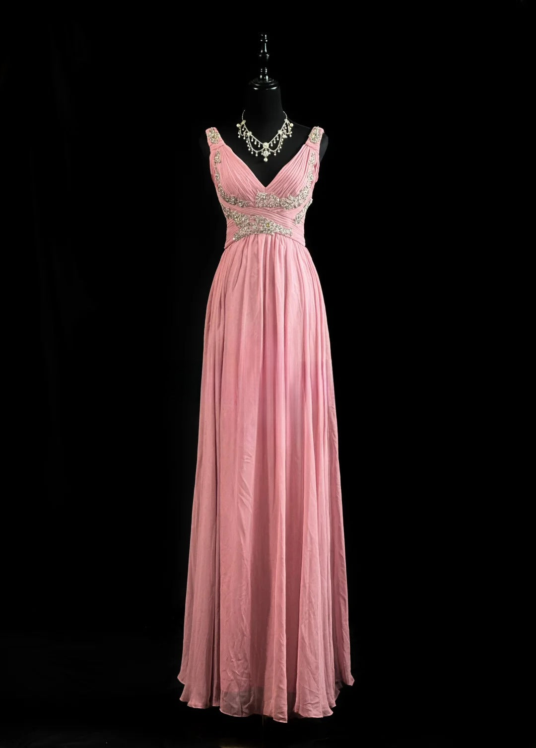 Vintage Prom Dresses 80s A Line V Neckline Chiffon Pink With Beading Evening Dress Formal Outfits RB5818