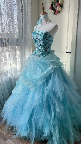 Langes trägerloses Sweet 16-Kleid aus blauem Organza, ärmelloses Ballkleid zum 16. Geburtstag RC0375