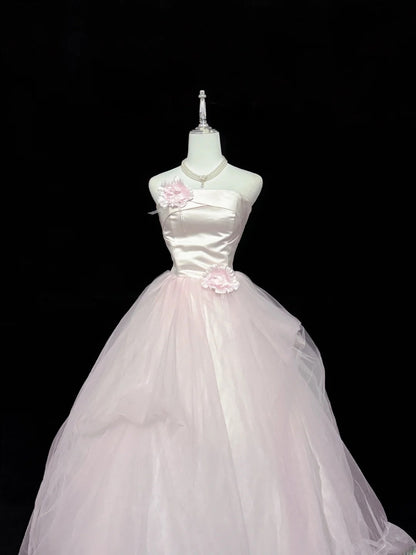 Princess Prom Dresses Ball Gown Pink Strapless Sleeveless Floor Length Tulle Evening Long Formal Dress RB7379