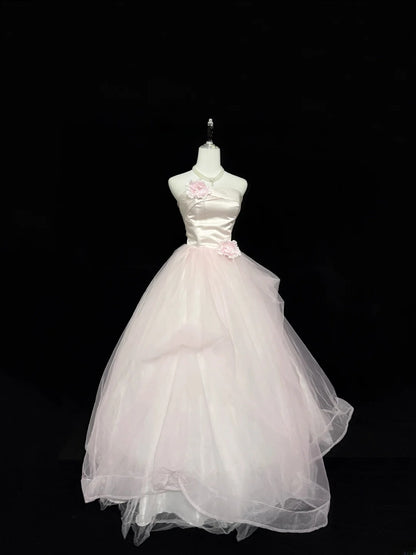 Princess Prom Dresses Ball Gown Pink Strapless Sleeveless Floor Length Tulle Evening Long Formal Dress RB7379