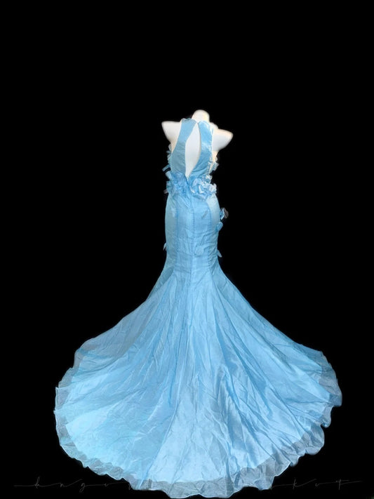 Modest Prom Dresses Mermaid V Neck Light Sky Blue With Beading Long Evening Formal Outfits RB3348
