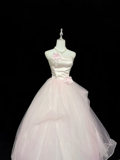 Princess Prom Dresses Ball Gown Pink Strapless Sleeveless Floor Length Tulle Evening Long Formal Dress RB7379