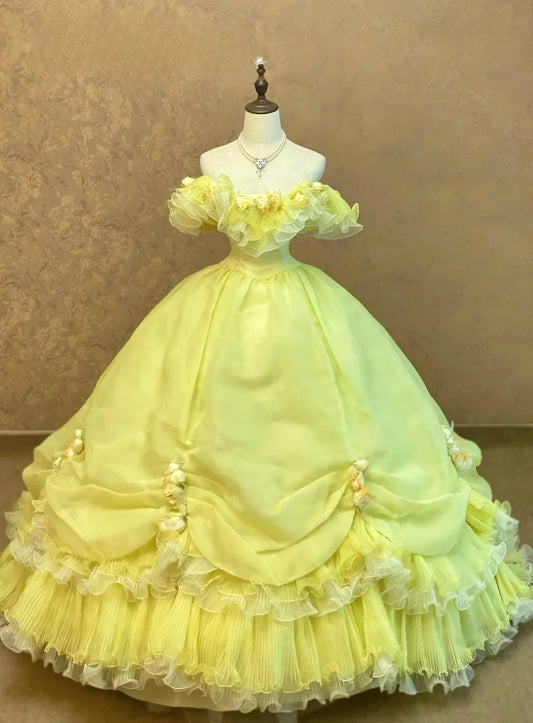Modest Ball Gown Off The Shoulder YellowTulle Long Quinceanera Dresses For Sweet 15 15 Anos Celebration 16th Birthday Formal Gown RB9005